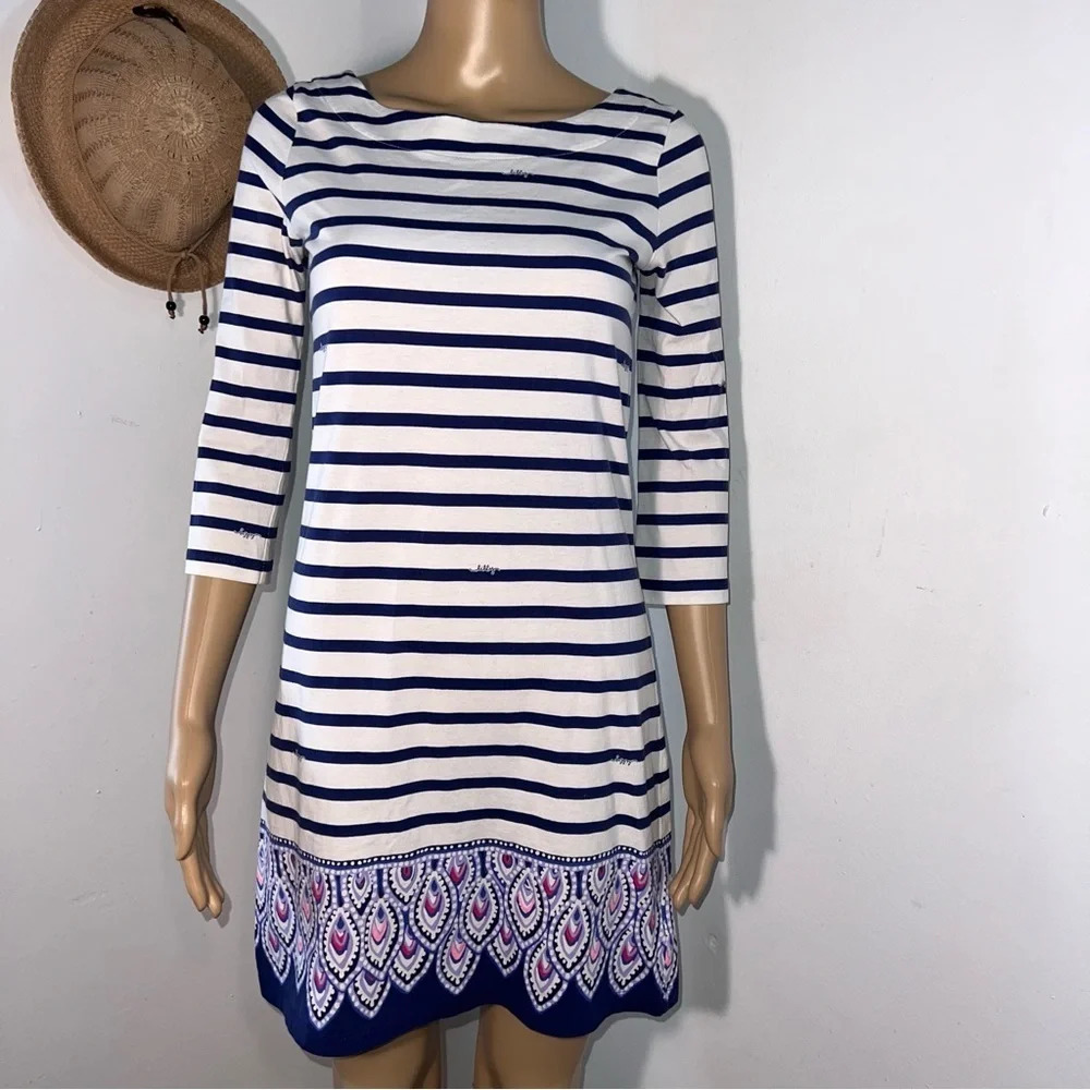 Lilly Pulitzer,XS, peacock hem,logo striped boatneck, 3/4 sleeve knit mini dress